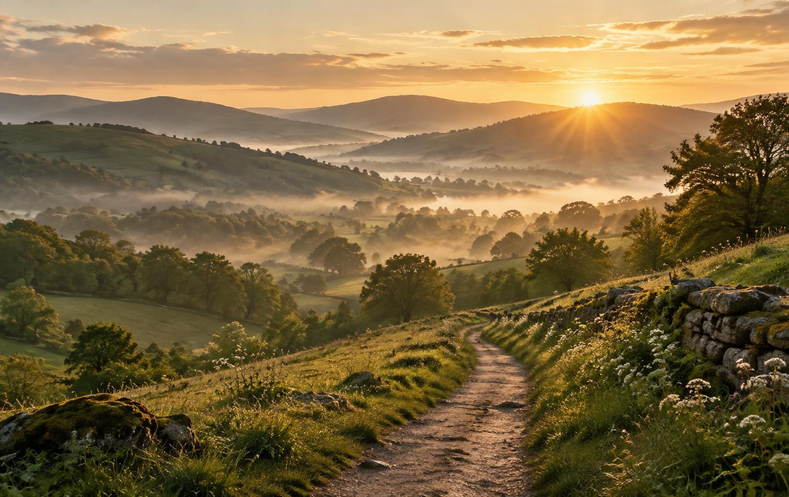 A sunlit path leading into a peaceful garden