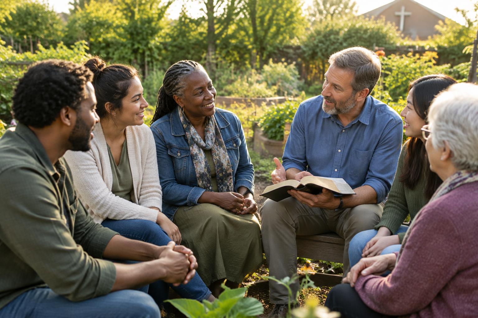 An illustrative group of believers sharing Scripture together in a sunny garden