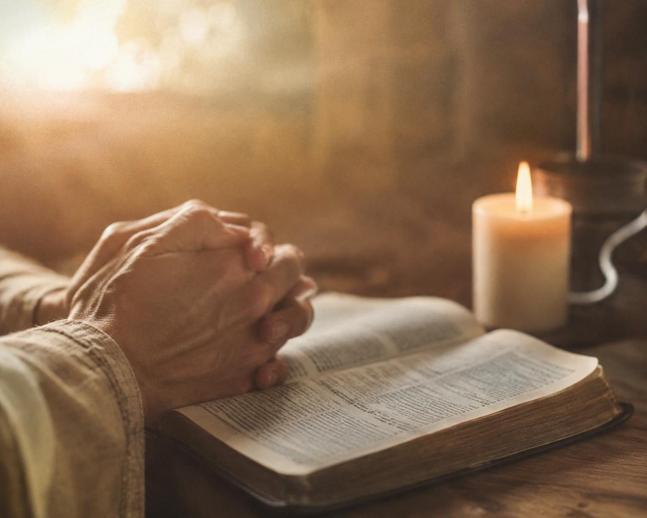 Folded hands in prayer resting on an open Bible beside a candle